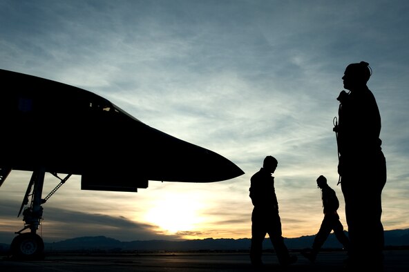 U.S. Air Force Airmen, 28th Aircraft Maintenance Squadron, prepare for a B-1B Lancer, Ellsworth Air Force Base, S.D., to launch during Red Flag 12-2 Jan. 24, 2012, at Nellis AFB. Red Flag is a realistic combat training exercise involving the air forces of the United States and its allies. The exercise is hosted north of Las Vegas on the Nevada Test and Training Range. (U.S. Air Force photo by Staff Sgt. Christopher Hubenthal)