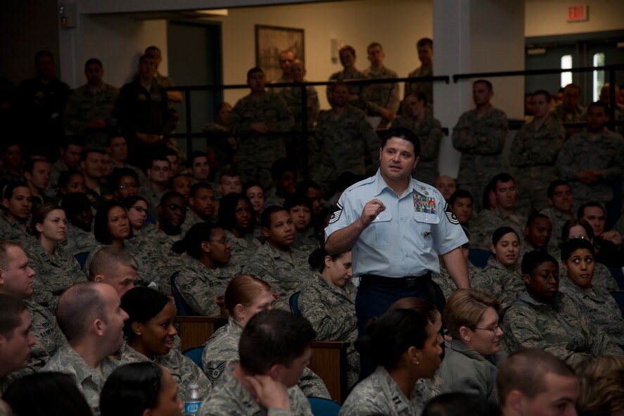 U.S. Air Force Master Sgt. Richard Setlock , 93d Air Ground Operations Wing superintendant of tactical air control party operations, briefs Airmen during Winter Wingman Day at Moody Air Force Base, Ga., Jan. 20, 2012. Setlock gave a presentation on resiliency and how important it is to be able to bounce back from obstacles.  (U.S. Air Force Photo by Airmen 1st Class Paul Francis/Released) 
