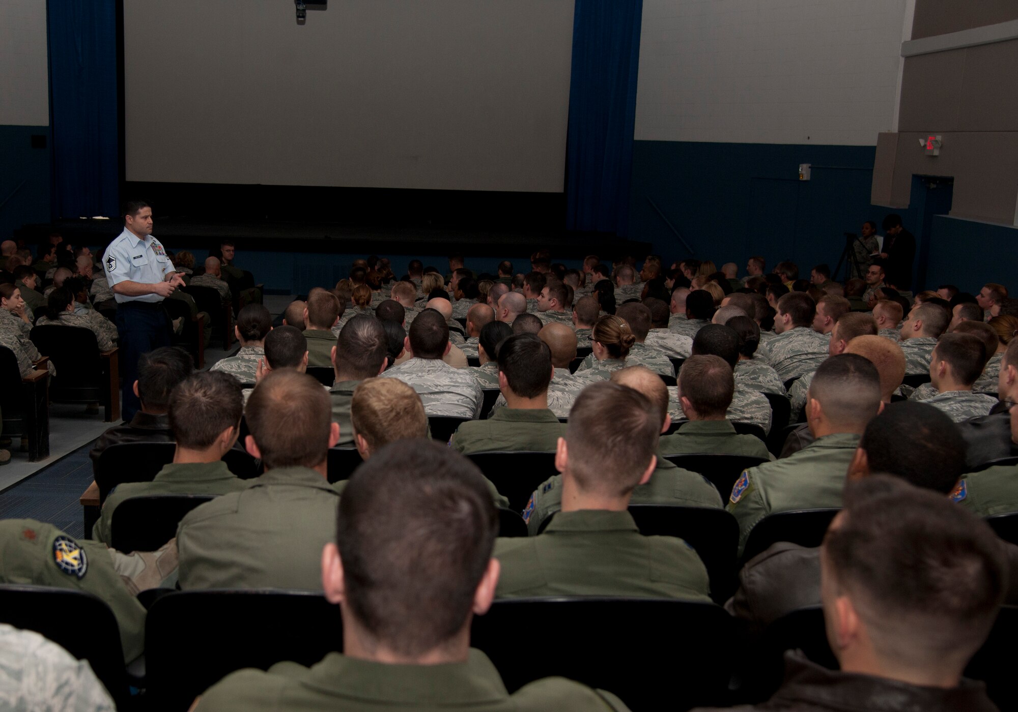 U.S. Air Force Master Sgt. Richard Setlock, 93d Air Ground Operations Wing superintendant of tactical air control party operations, talks about the importance of resiliency during Winter Wingman Day at Moody Air Force Base, Ga., Jan. 20, 2012. Setlock is a master resiliency trainer and focuses on building six core competencies: self awareness, self regulation, optimism, mental agility, strengths of character and connection. (U.S. Air Force Photo by Airmen 1st Class Paul Francis/Released)
