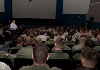 U.S. Air Force Master Sgt. Richard Setlock, 93d Air Ground Operations Wing superintendant of tactical air control party operations, talks about the importance of resiliency during Winter Wingman Day at Moody Air Force Base, Ga., Jan. 20, 2012. Setlock is a master resiliency trainer and focuses on building six core competencies: self awareness, self regulation, optimism, mental agility, strengths of character and connection. (U.S. Air Force Photo by Airmen 1st Class Paul Francis/Released)
