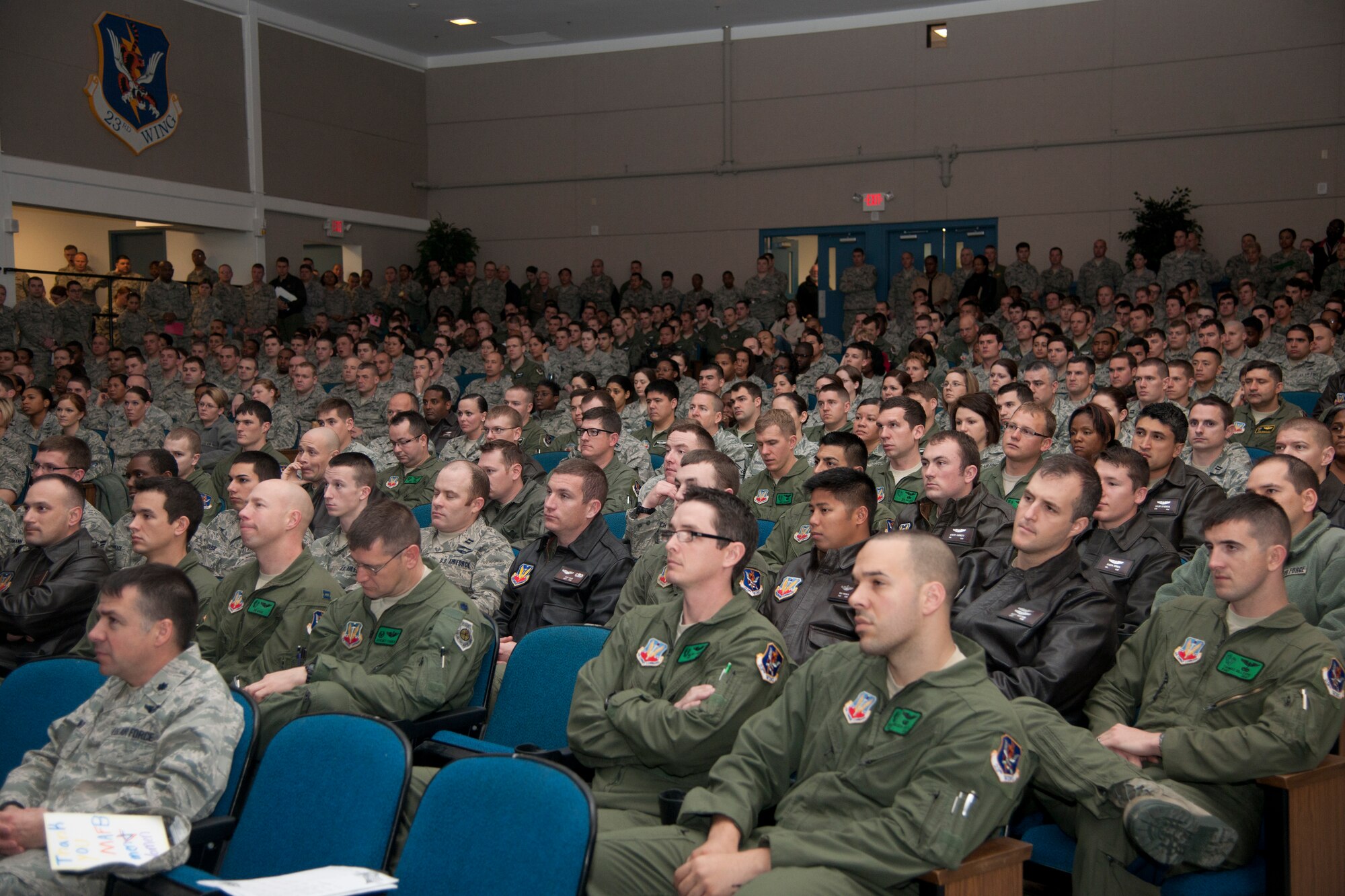 U.S. Air Force Airmen from Moody Air Force Base, Ga., attend a commander’s call to be briefed on resiliency Jan. 20, 2012. Moody’s resiliency element offers command consultations, unit specific resiliency briefings and pre-and post-deployment briefings .(U.S. Air Force Photo by Airmen 1st Class Paul Francis/Released)
