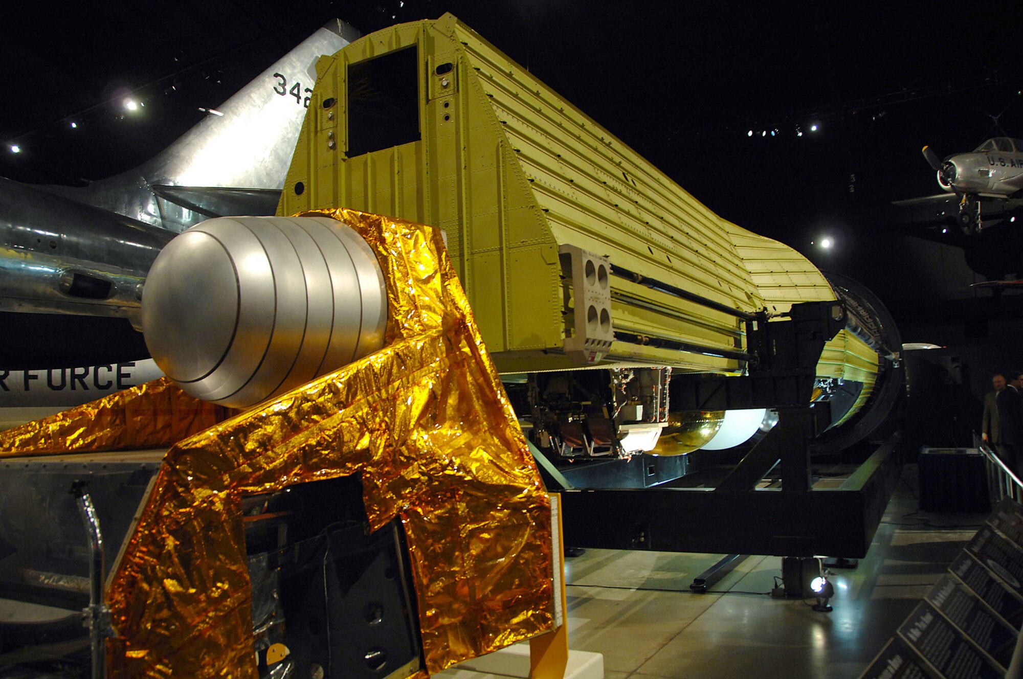 DAYTON, Ohio -- Hexagon KH-9 reconnaissance satellite in the Cold War Gallery at the National Museum of the U.S. Air Force.  (U.S. Air Force Photo)
