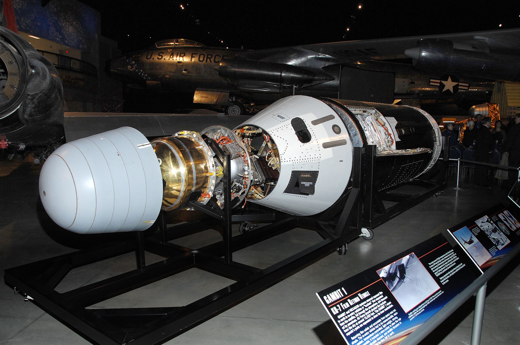 DAYTON, Ohio -- Gambit 1 KH-7 reconnaissance satellite in the Cold War Gallery at the National Museum of the U.S. Air Force.  (U.S. Air Force Photo)