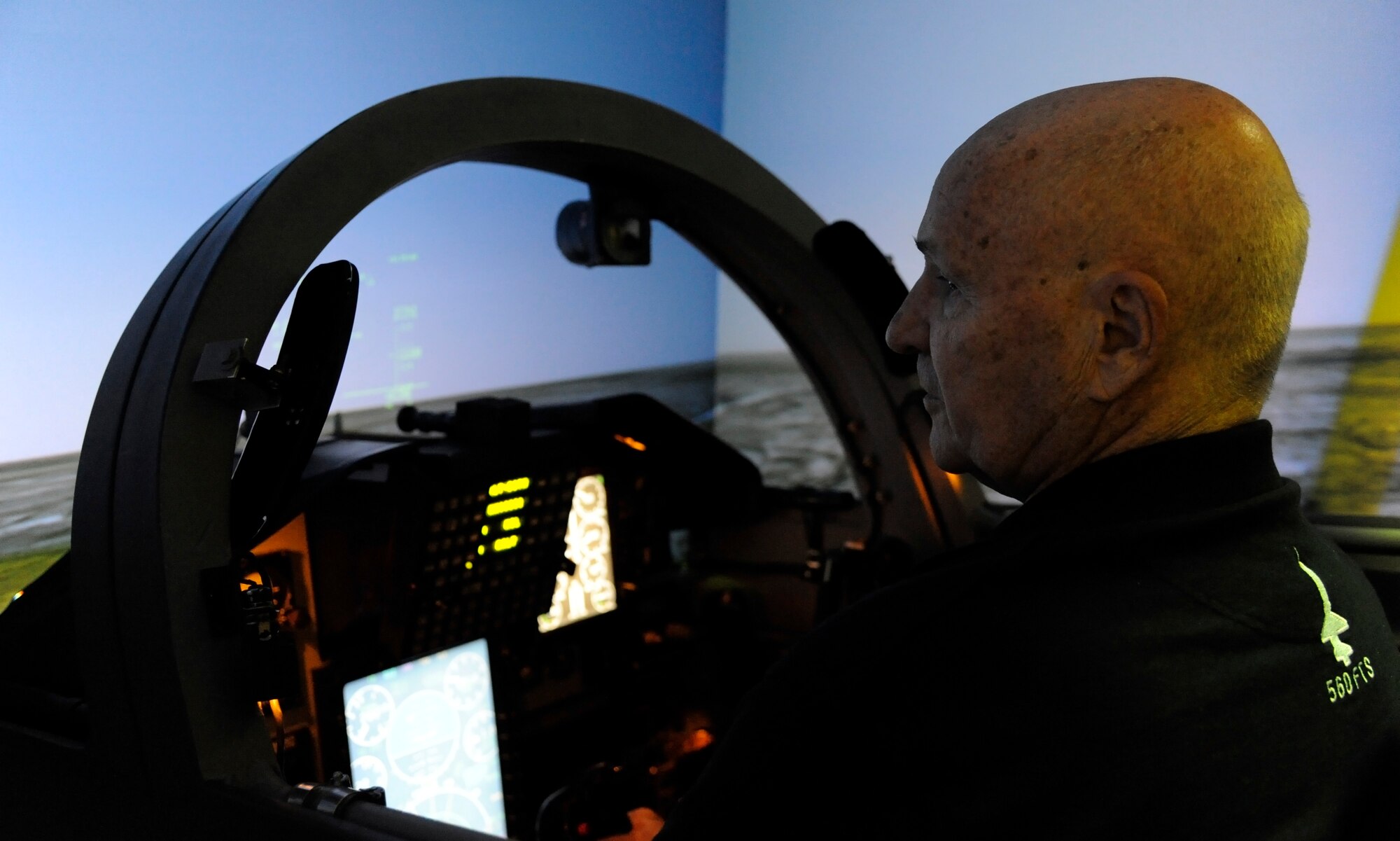 LAUGHLIN AIR FORCE BASE, Texas – Retired Lt. Col. Larry J. Chesley takes flight in a T-38C red carpet simulator at Laughlin’s Flight Simulator Training Facility here Jan. 20. Chesley is a former prisoner of war who spent close to seven years in the Hanoi Hilton after being shot down over North Vietnam. (U.S. Air Force photo/Airman 1st Class Nathan L. Maysonet)