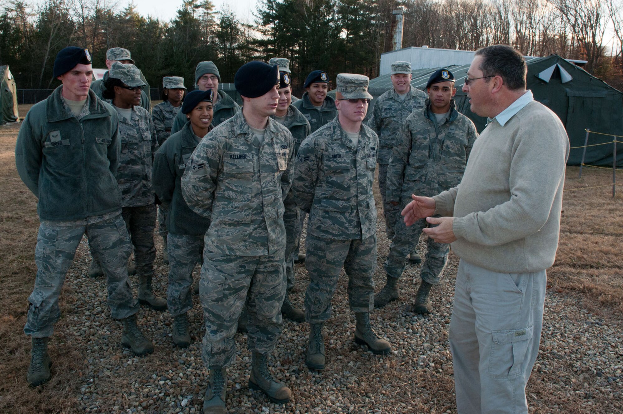 HANSCOM AIR FORCE BASE, Mass. – Rodney Venable, Readiness and Emergency manager, speaks to Airmen at Camp Patriot as part of the First Term Airmen’s Course Jan. 18. Venable spoke to the Airmen about procedures at Camp Patriot during base readiness exercises. (U.S. Air Force photo by Rick Berry)