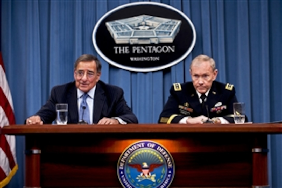 Defense Secretary Leon E. Panetta and Army Gen. Martin E. Dempsey, chairman of the Joint Chiefs of Staff, brief the press on major budget decisions stemming from the defense strategic guidance at the Pentagon, Jan. 26, 2012.