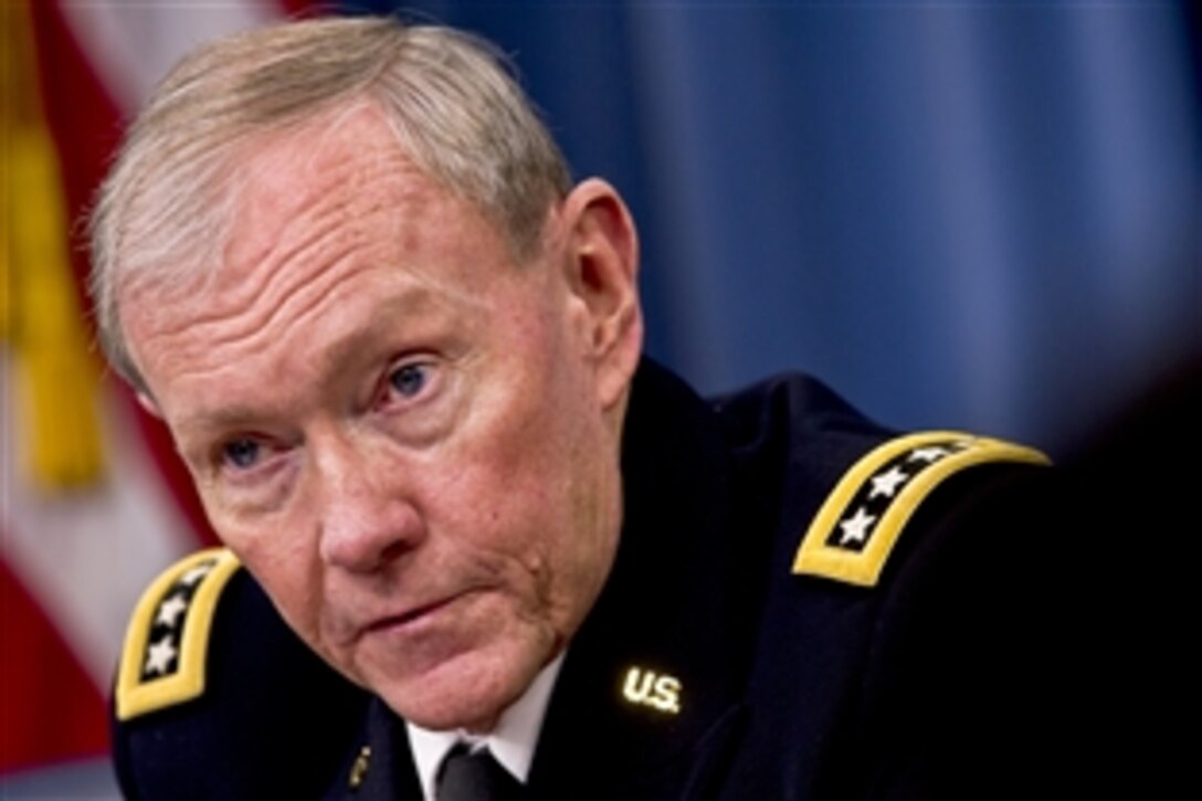 Army Gen. Martin E. Dempsey, chairman of the Joint Chiefs of Staff, briefs the press on major budget decisions stemming from the defense strategic guidance at the Pentagon, Jan. 26, 2012.