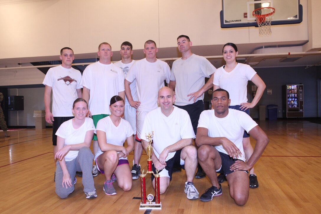 Marines with Company A, Headquarters and Support Battalion, Marine Corps Base Camp Lejeune gather around the trophy after winning the indoor volleyball HQSPTBn. Commander’s Cup Challenge, held at the Area 1 Gym aboard MCB Camp Lejeune, Jan. 27. The next competition will be an indoor dodgeball tournament scheduled for Feb. 24.