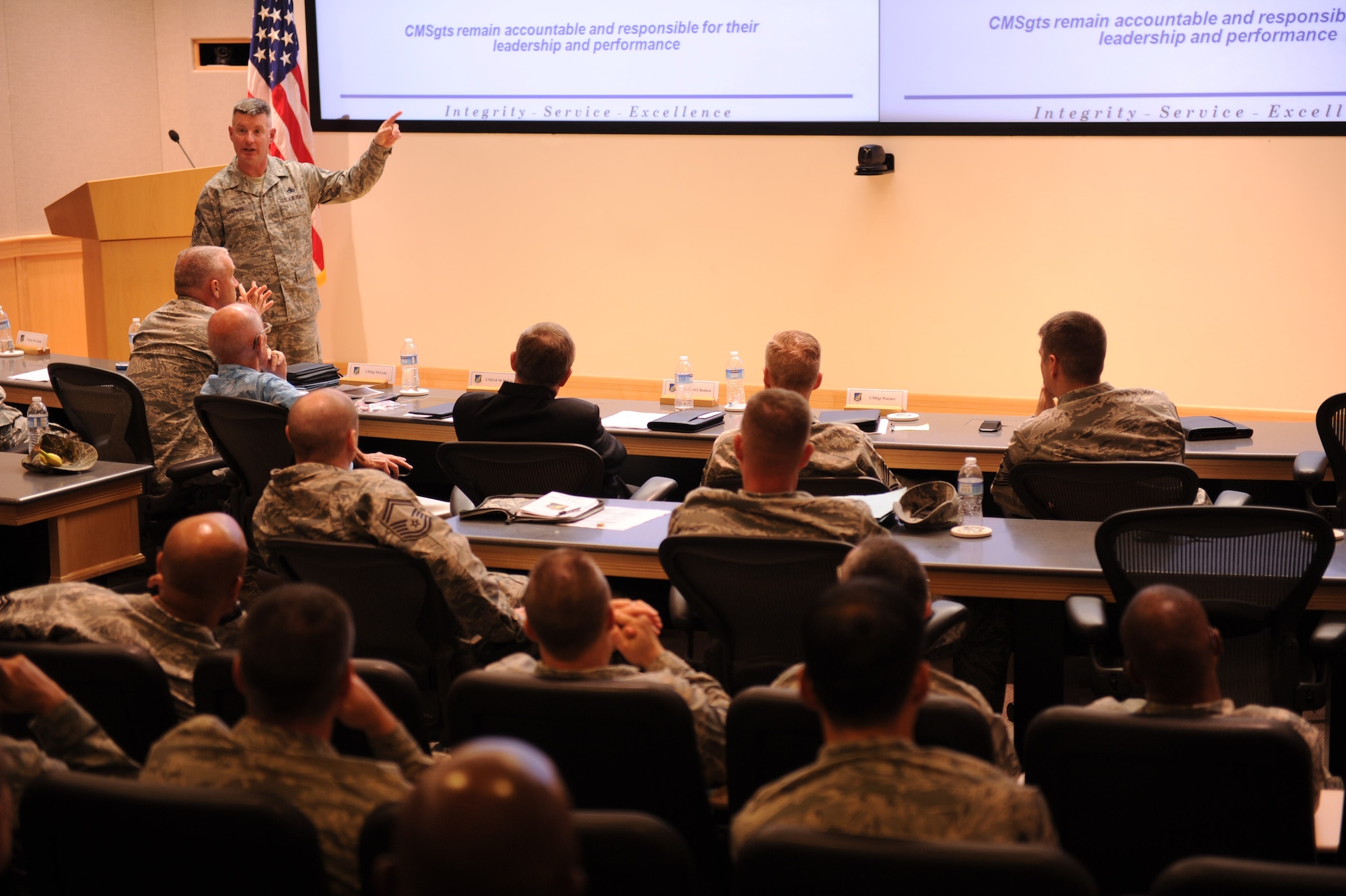 Chief Master Sgt. Stephen Ludwig speaks during the Pacific Air Forces Chief Orientation Course at Joint Base Pearl Harbor-Hickam, Hawaii, January 19, 2011. The week-long course is held annually since 1981 for the chief selects within PACAF. The course focuses on strategic level leadership and defining the roles of a chief. (U.S. Air Force photo by Staff Sgt. Gustavo Gonzalez/Released)
