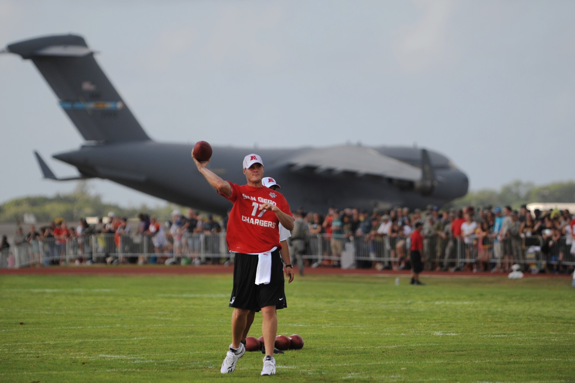 Philip Rivers, San Diego Chargers quarterback, warms up during the AFC conference practice on Earhart Field Jan.26 at Joint Base Pearl Harbor-Hickam, Hawaii. The Pro Bowl spent their practice sessions near Hickam's flightline and signed autographs for hundreds of military members and their families. Rivers is an eight-year veteran with 24,285 total passing yards and 163 touchdowns.  (U.S. Air Force photo/Staff Sgt. Mike Meares)
