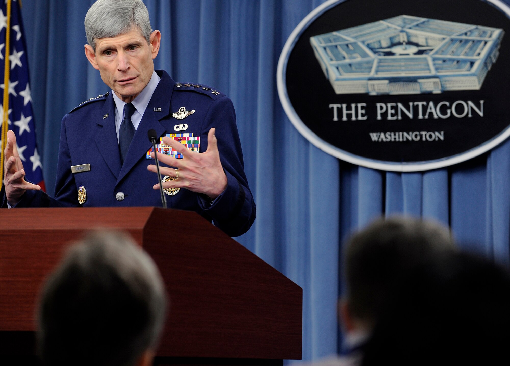 Air Force Chief of Staff Gen. Norton Schwartz delivers comments about the new defense strategy to members of the media in the Pentagon on Jan. 27, 2012.  Throughout the ongoing budget process, Schwartz said, the Air Force will remain committed to its ongoing responsibilities to provide globally-postured, regionally-tailorable, full-spectrum airpower. (U.S. Air Force photo/Scott M. Ash)