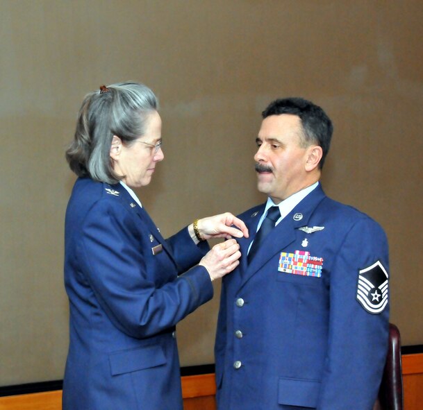 TRAVIS AIR FORCE BASE, Calif. -- Master Sgt. Edward R. Andrews,349th Aerospace Medicine Squadron, holds his retirement ceremony, here, Jan. 22. (U.S. Air Force photo / Master Sgt. Robert Wade)