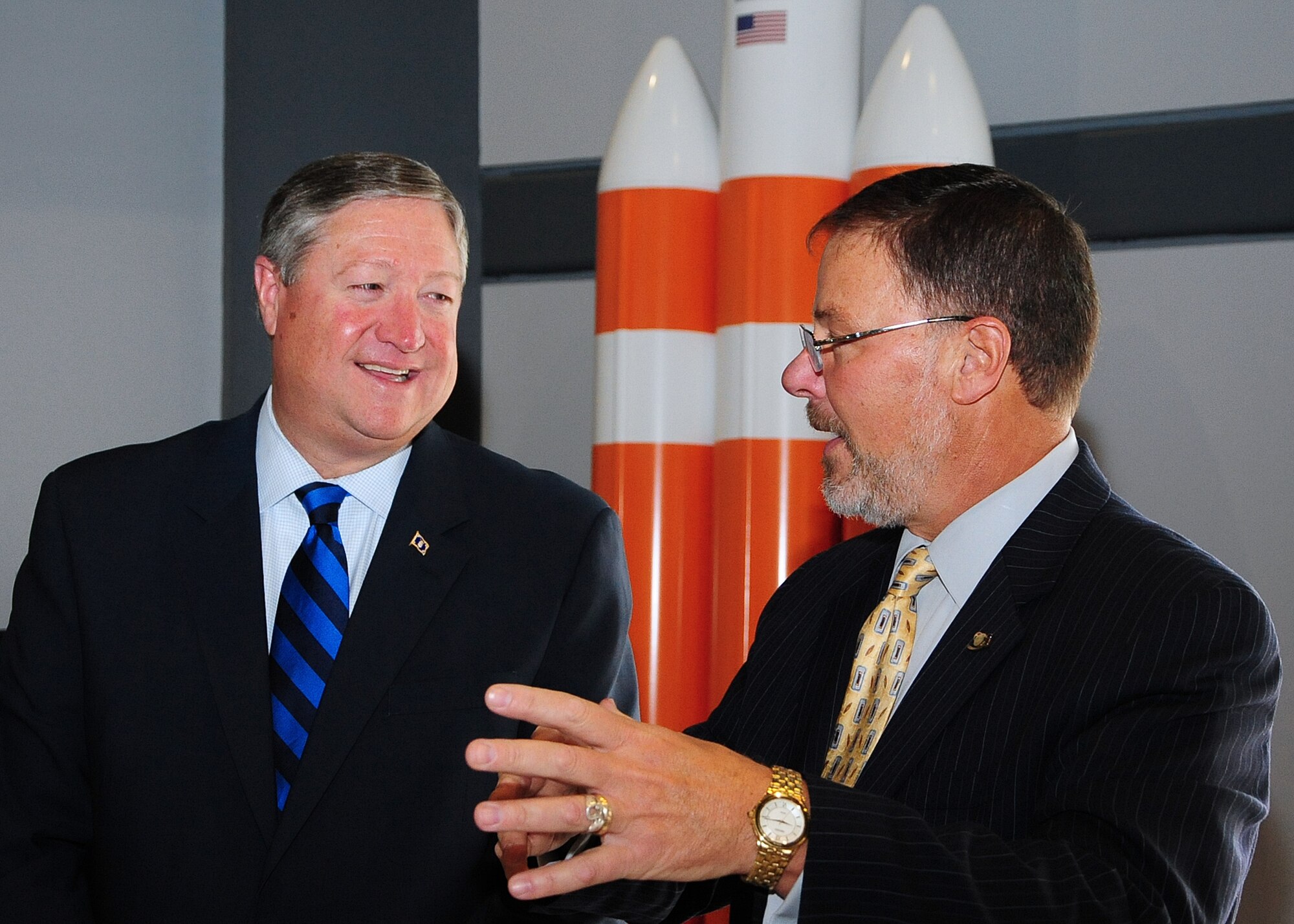 Space Foundation CEO Elliot Pulham (right) explains the
foundation's headquarters renovation to Secretary of the Air Force Michael
Donley during his visit to Colorado Springs, Colo., Jan. 27, 2012.  Donley
was in Colorado to welcome President Obama to Buckley Air Force Base, near
Aurora, Colo., on Jan. 26, 2012, and to discuss Defense Department budget
priorities with local community, military and business leaders. (U.S. Air
Force photo/Duncan Wood)