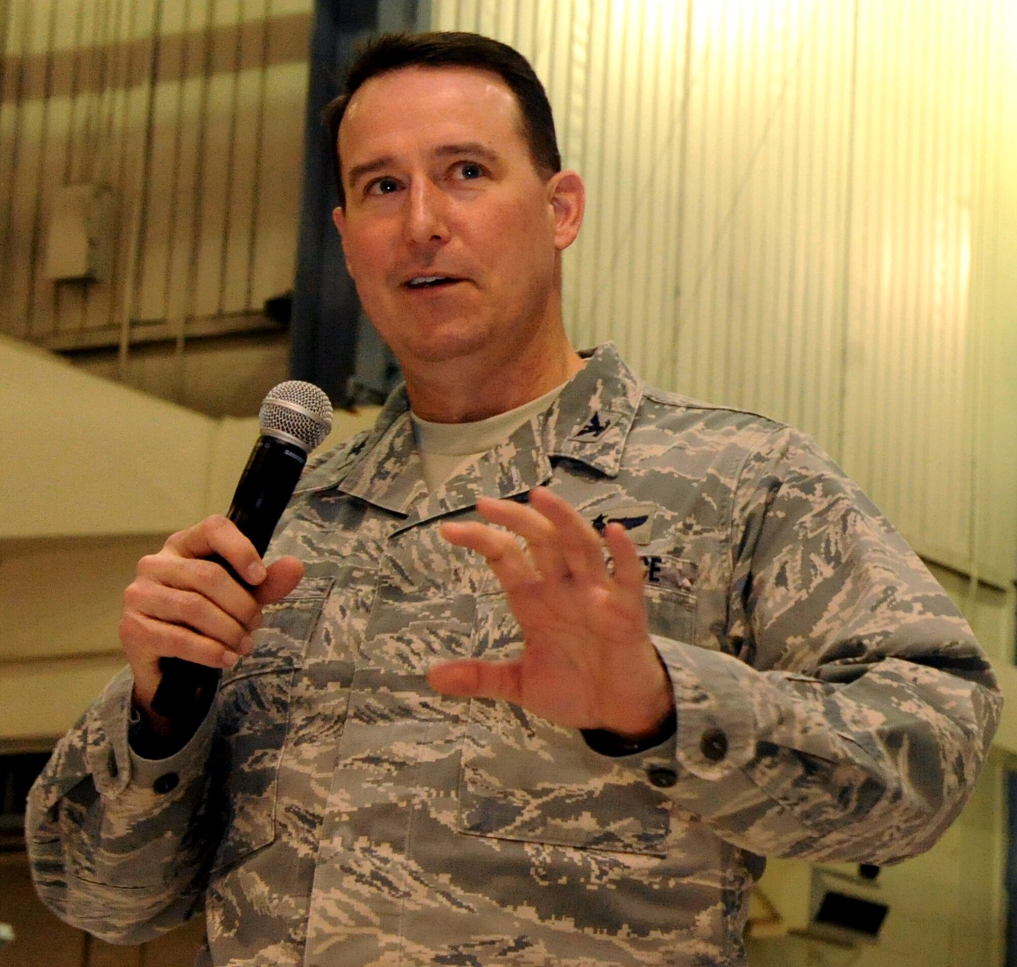 Col. Timothy Bush, 319th Air Base Wing commander, briefs his Airmen about the importance of safety Jan. 27, 2012, at Grand Forks Air Force Base, N.D. (U.S. Air Force photo by Airman 1st Class Xavier Navarro)