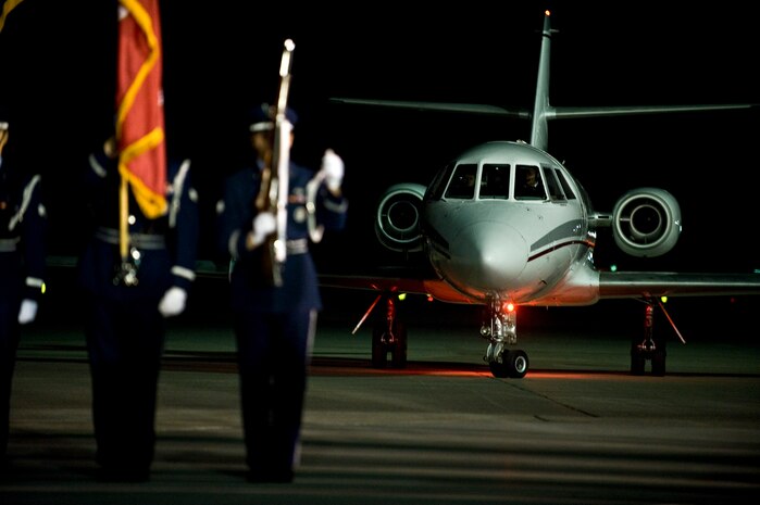 A charter jet transporting U.S. Marine Corps Cpl. Jon-Luke Bateman arrives Jan. 25, 2012, on the flightline at Nellis Air Force Base, Nev. Bateman, 22, of Pahrump, Nev., was an infantryman assigned to 2nd Battalion, 4th Marines, 1st Marine Division, Camp Pendleton, Calif. He was killed while serving his second combat deployment. (U.S. Air Force photo by Senior Airman Brett Clashman)