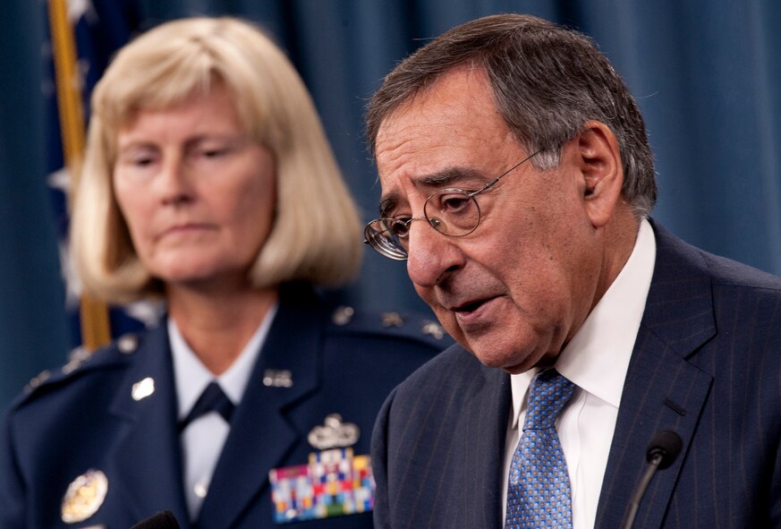 U.S Air Force Maj. Gen. Mary Kay Hertog, director of Defense Department’s Sexual Assault Prevention and Response Office, answers questions during a press conference with Defense Secretary Leon E. Panetta at the Pentagon, Jan. 18, 2012. Panetta introduced and emphasized the department’s efforts to prevent sexual assaults within the military. (DOD Photo by Petty Officer 1st Class Chad J. McNeeley)  