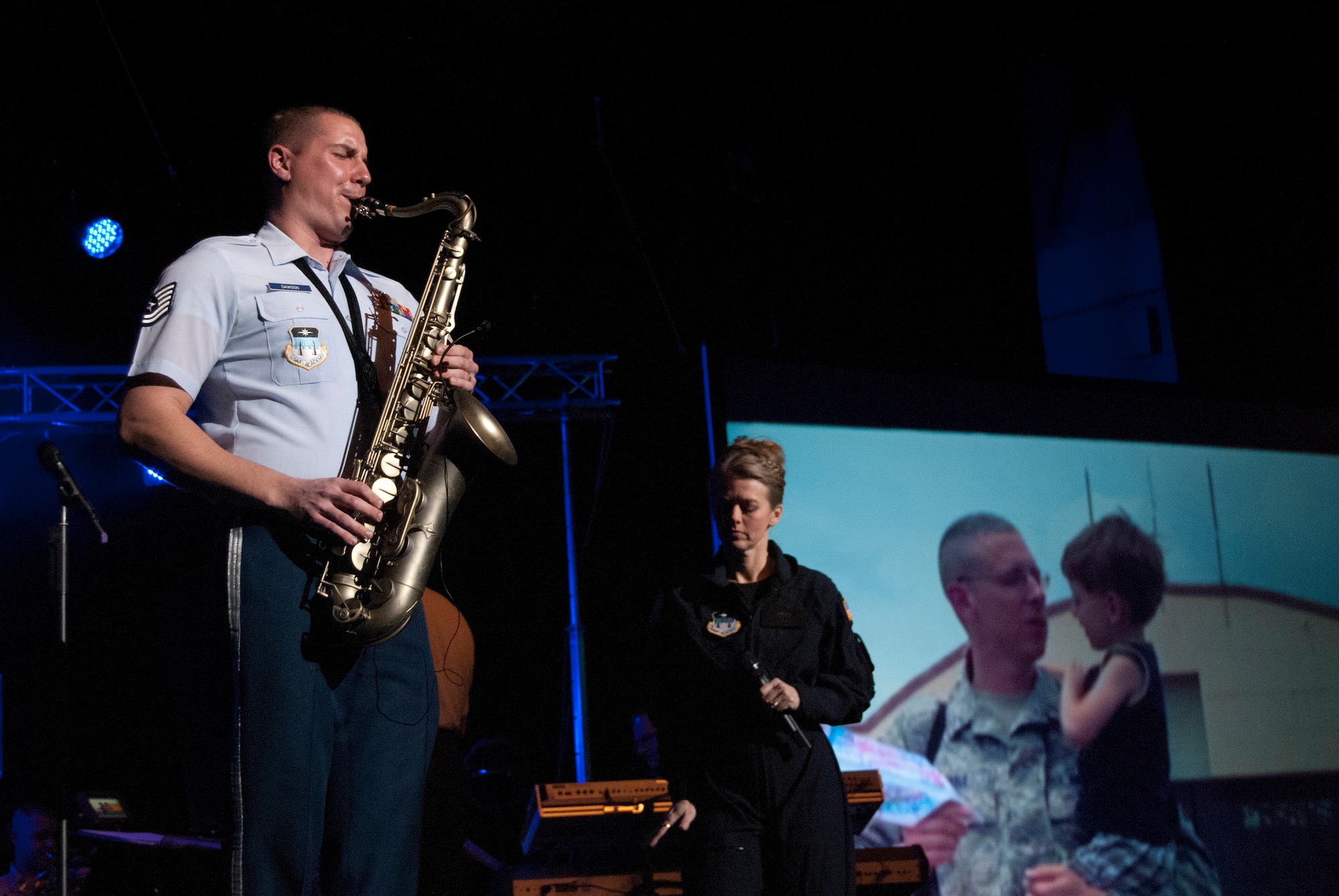 Tech. Sgt. John Dawson knocks out a saxophone solo during an Air Force Academy Band performance in the Arnold Hall Theater Jan. 26, 2011. The performance was part of a resiliency day presentation at the Academy, which also included brief messages by Academy Superintendent Lt. Gen. Mike Gould and Chief Master Sgt. Todd Salzman, the Academy's command chief. The resiliency day was directed by Chief of Staff Gen. Norton Schwartz after an uptick in suicides in January. Dawson is part of the marching and concert ensembles as well as the Falconaires. (U.S. Air Force photo/Don Branum)