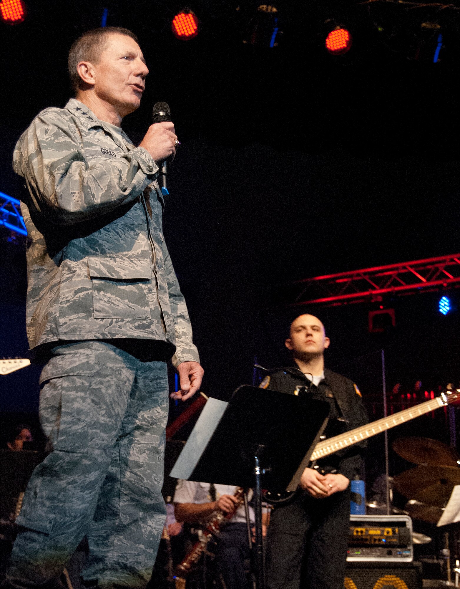 Lt. Gen. Mike Gould speaks to assembled Airmen during a resiliency day presentation in the Air Force Academy's Arnold Hall Theater Jan. 26, 2012. The presentation, featuring music by the Air Force Academy Band, focused on ways to rebuild and reinforce social, physical, spiritual and mental fitness. Gould is the Academy superintendent. (U.S. Air Force photo/Don Branum)