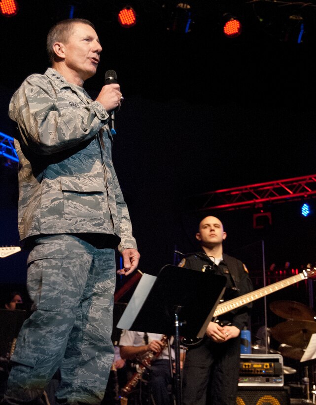 Lt. Gen. Mike Gould speaks to assembled Airmen during a resiliency day presentation in the Air Force Academy's Arnold Hall Theater Jan. 26, 2012. The presentation, featuring music by the Air Force Academy Band, focused on ways to rebuild and reinforce social, physical, spiritual and mental fitness. Gould is the Academy superintendent. (U.S. Air Force photo/Don Branum)