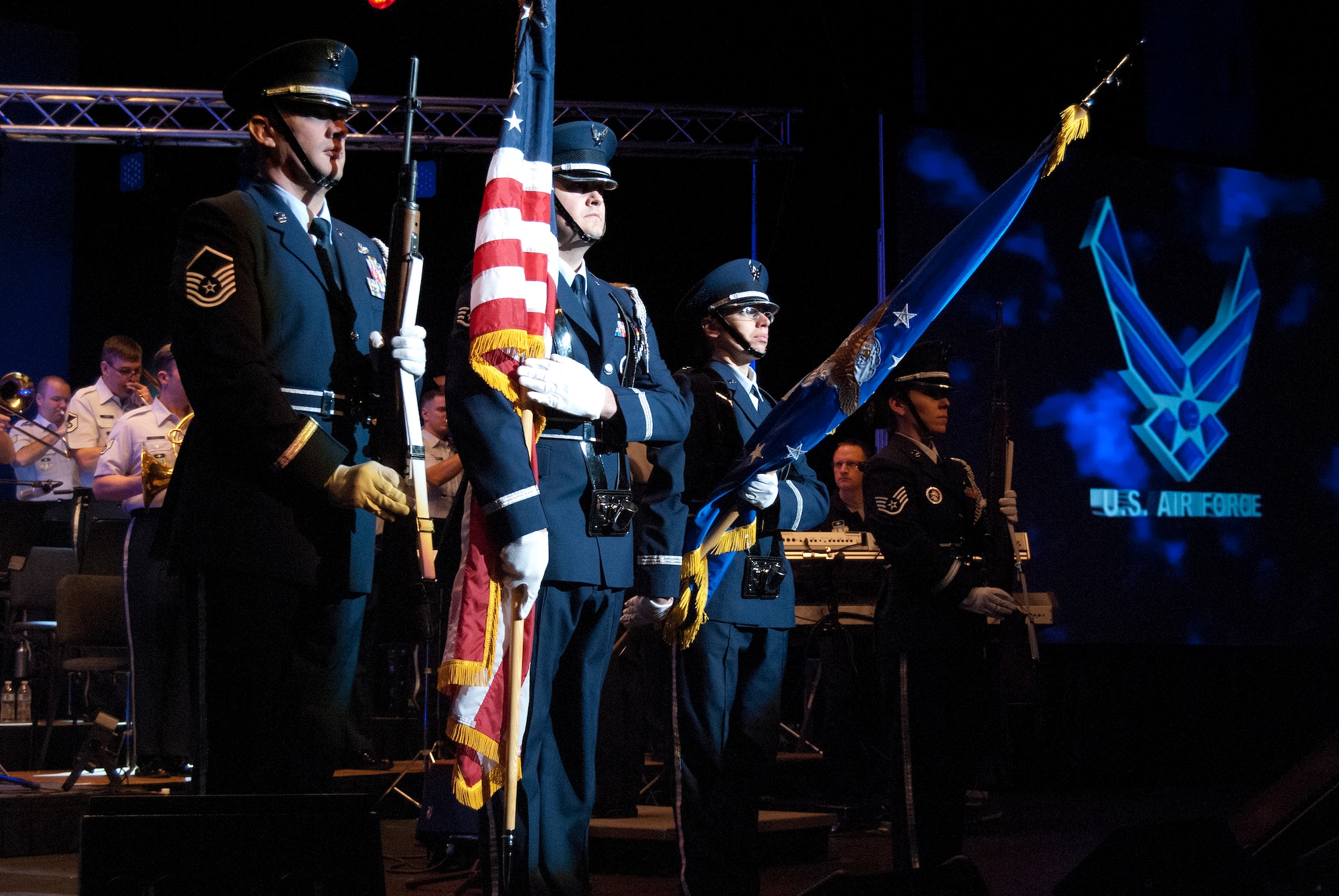 Airmen with the Air Force Academy Honor Guard present the colors during a resiliency day presentation in Arnold Hall Jan. 26, 2012. The 45-minute presentation included music by the Air Force Academy Band and short discussions by Academy Superintendent Lt. Gen. Mike Gould and Chief Master Sgt. Todd Salzman, the Academy's command chief. (U.S. Air Force photo/Don Branum)