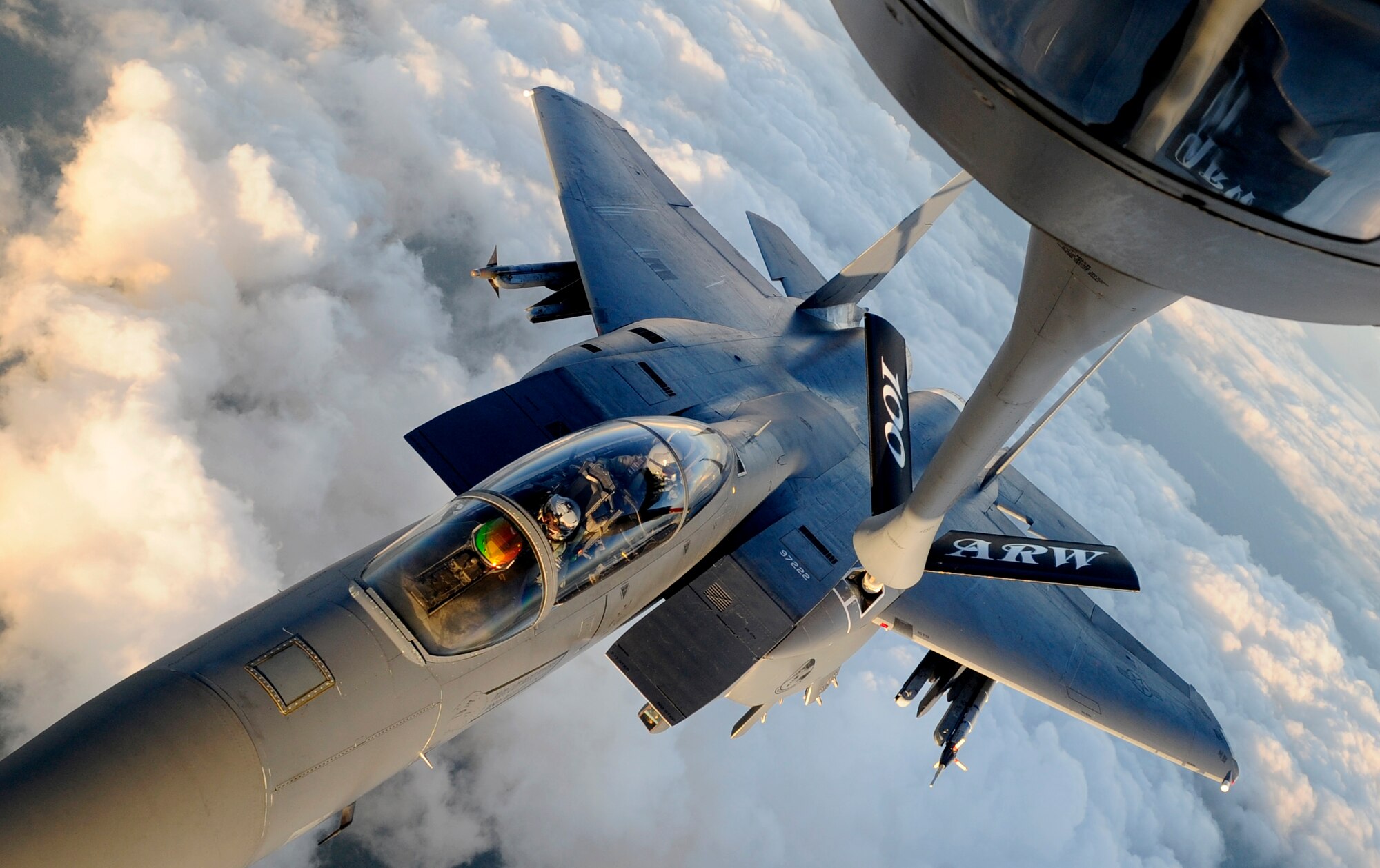 RAF MILDENHALL, England – An F-15E Strike Eagle from the 492nd Fighter Squadron is refueled by a 100th Air Refueling Wing KC-135 Stratotanker off the coast of England Jan. 27, 2012. The 100th ARW supports both training and real-world missions for U.S. and allied forces in Europe. (U.S. Air Force photo/Senior Airman Ethan Morgan)