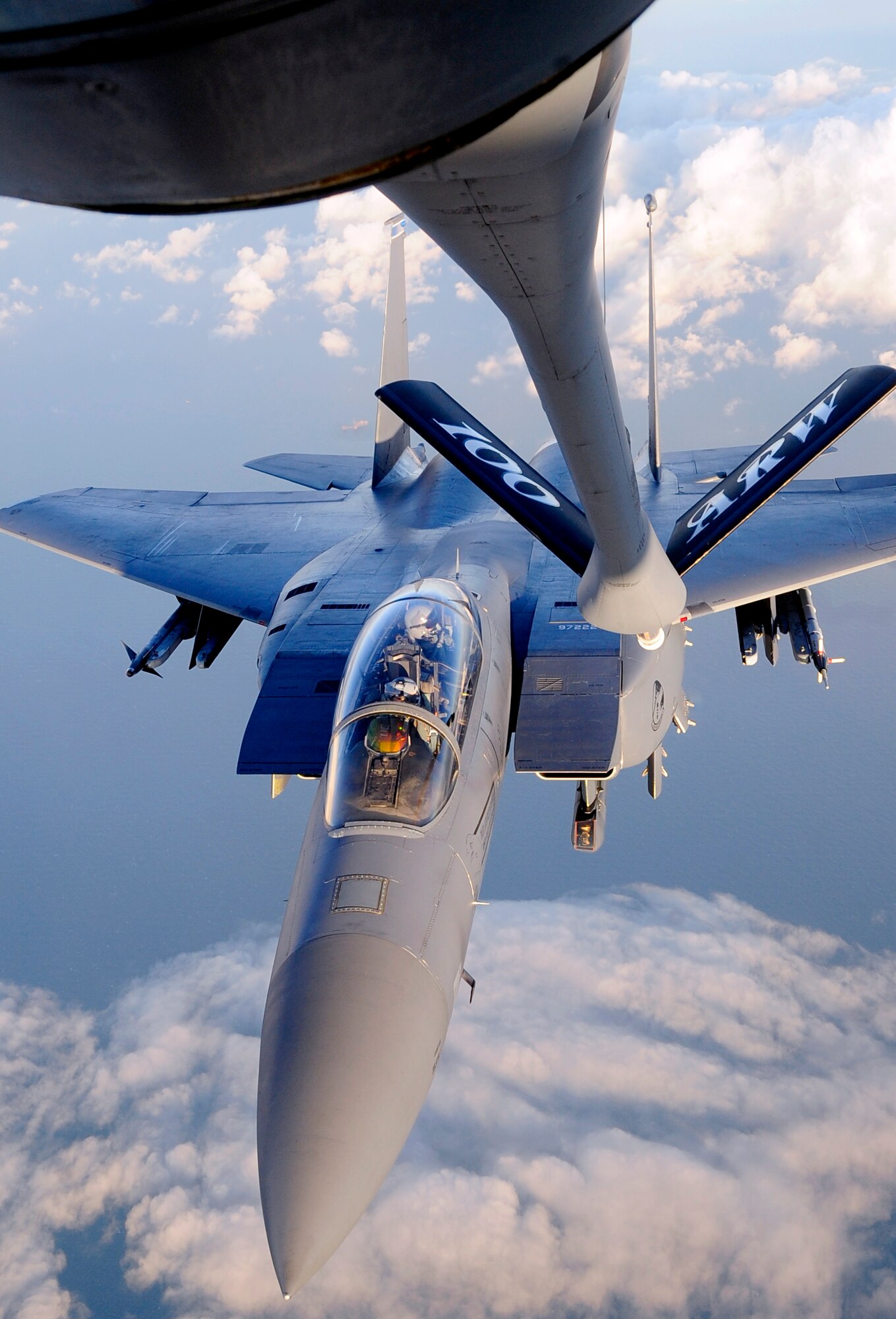 RAF MILDENHALL, England – An F-15E Strike Eagle from the 492nd Fighter Squadron RAF Lakenheath moves in to be refueled by a 100th Air Refueling Wing KC-135 Stratotanker off the coast of England Jan. 26, 2012. The F-15 was refueled as part of a training mission for both the 492nd FS and 100th ARW. (U.S. Air Force photo/Senior Airman Ethan Morgan)