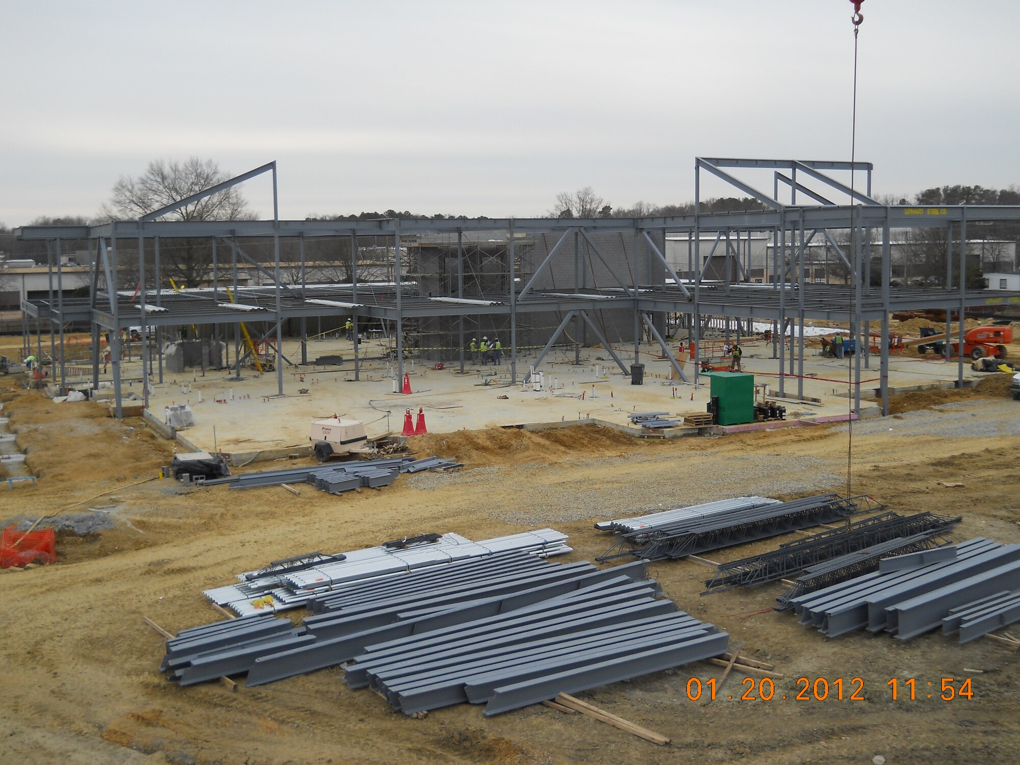Construction workers are building a new AIT dining facility on the corner of Jackson Avenue and Madison Avenue at Fort Eustis, Va., Jan. 24, 2012. There are multiple construction projects happening on the installation that may impact traffic patterns, continue to read the Peninsula Warrior for updates. (Courtesy Photo by Stephen Duncan/Released)
