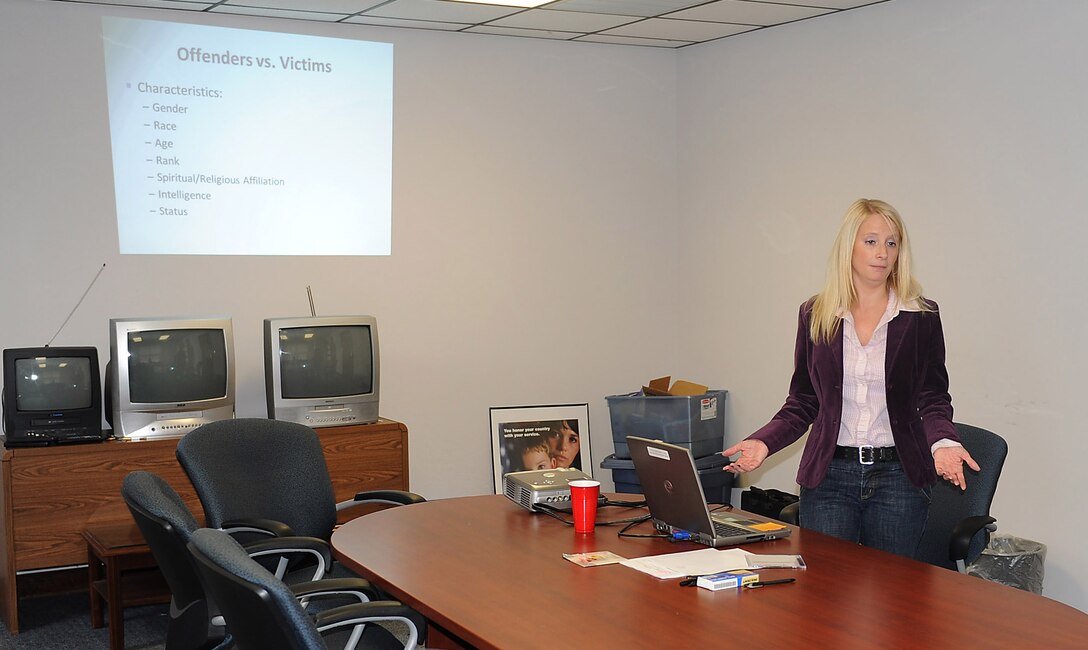 A.J. Brandt, Family Advocacy outreach manager, briefs on characteristics of “Offenders vs. Victims” during the Family Advocacy Safety Education Seminar at Fort Eustis Jan. 20.  The Safety Education Seminar provides education on the dynamics of domestic violence and child abuse. (U.S. Air Force Photo by Staff Sgt. Antoinette Gibson/Released)