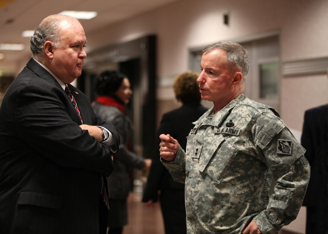 WASHINGTON, D.C — The Honorable Dr. Joseph W. Westphal, under secretary of the U.S. Army (left), and Maj. Gen. Merdith "Bo" Temple, U.S. Army Corps of Engineers acting commander and chief of engineers, have a breakout discussion during the USACE Leaders Conference here, Jan. 24, 2012. The leadership conference brings together all USACE senior leaders to discuss strategies and best business practices throughout the Corps of Engineers.  