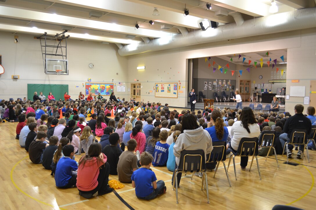 OMAHA, Neb. - Brig. Gen. Linda Marchione, mobilization assistant to the director of Global Operations, U.S. Strategic Command, speaks to approximately 500 students at Dundee Elementary School about good citizenship as part of the school&#039;s Citizenship Day event Jan. 27.  General Marchione addressed kindergarten through sixth grade students as part of a community relations speaking engagement.