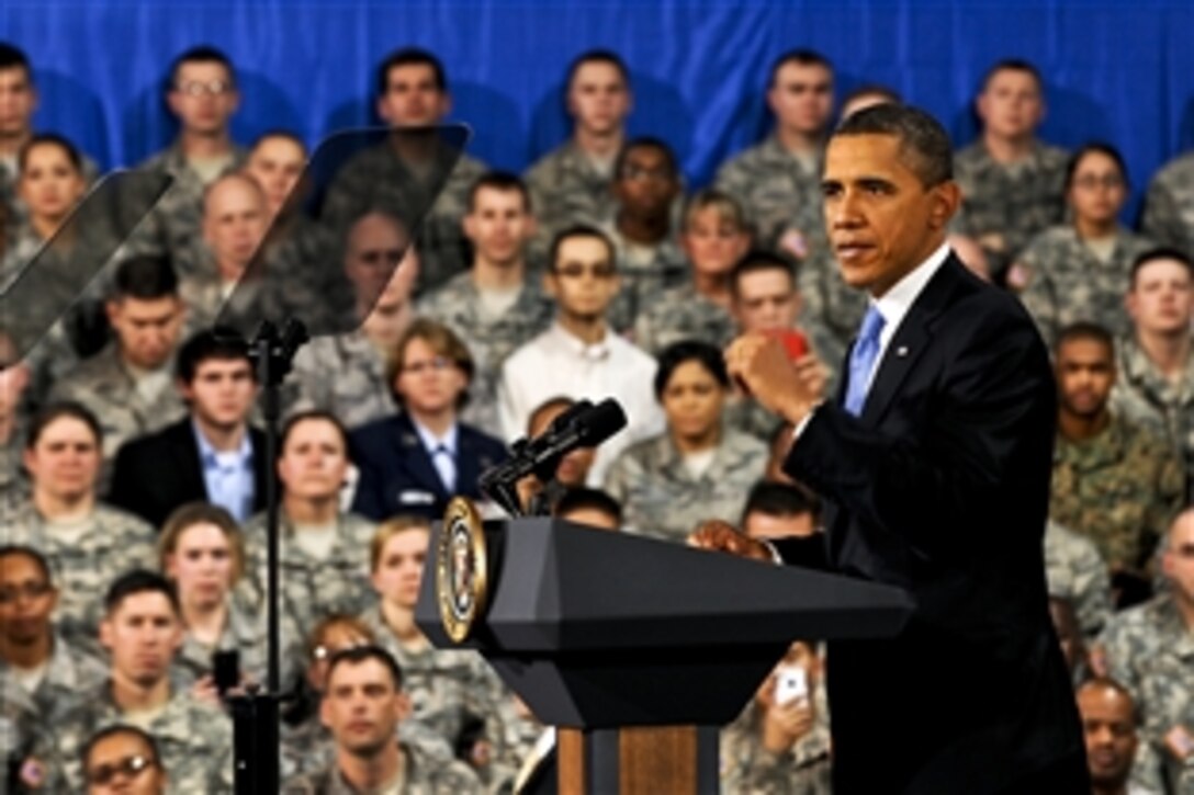 President Barack Obama holds a press conference on Buckley Air Force Base, Colo., Jan. 26, 2012, to praise the military's efforts as being leaders in energy conservation. 