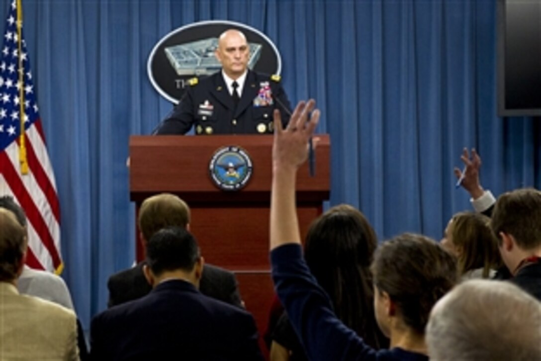 Army Chief of Staff Gen. Raymond T. Odierno briefs the press at the Pentagon, Jan. 27, 2012. Odierno discussed the impact of the Defense Department's strategic guidance on the Army.