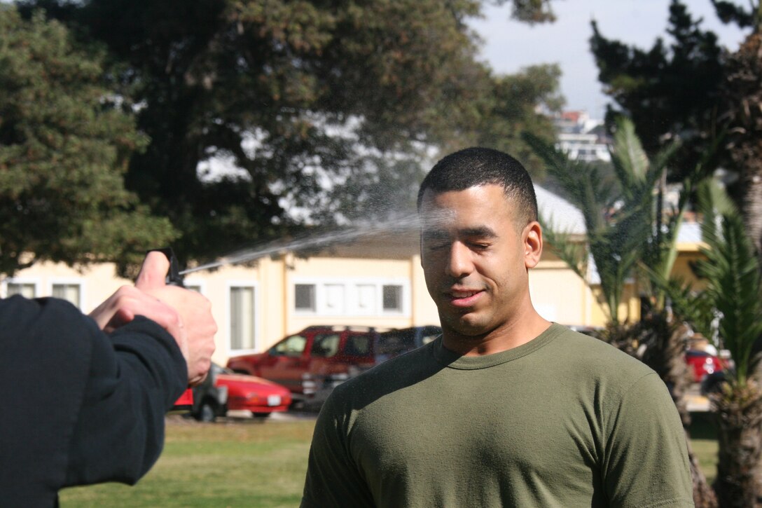 Lance Cpl. Dennis Contreras, postal clerk, Headquarters and Service Battalion, receives a line of Oleoresin Capsicum spray during a level one OC spray course Jan. 27 aboard Marine Corps Recruit Depot San Diego. To complete the course the Marines had to complete five stations while having OC spray in their eyes. This course was to teach the Marines the effects of the spray and how to fight through the pain.