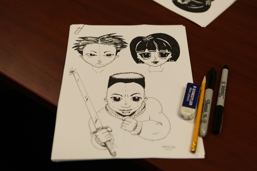 Materials for Marine Corps Base Camp Lejeune Libraries’ Teen Manga Art Class laid on a table before the class begun Jan 28 at the Harriotte B. Smith Library. The class is one of several throughout the years that teach manga techniques.