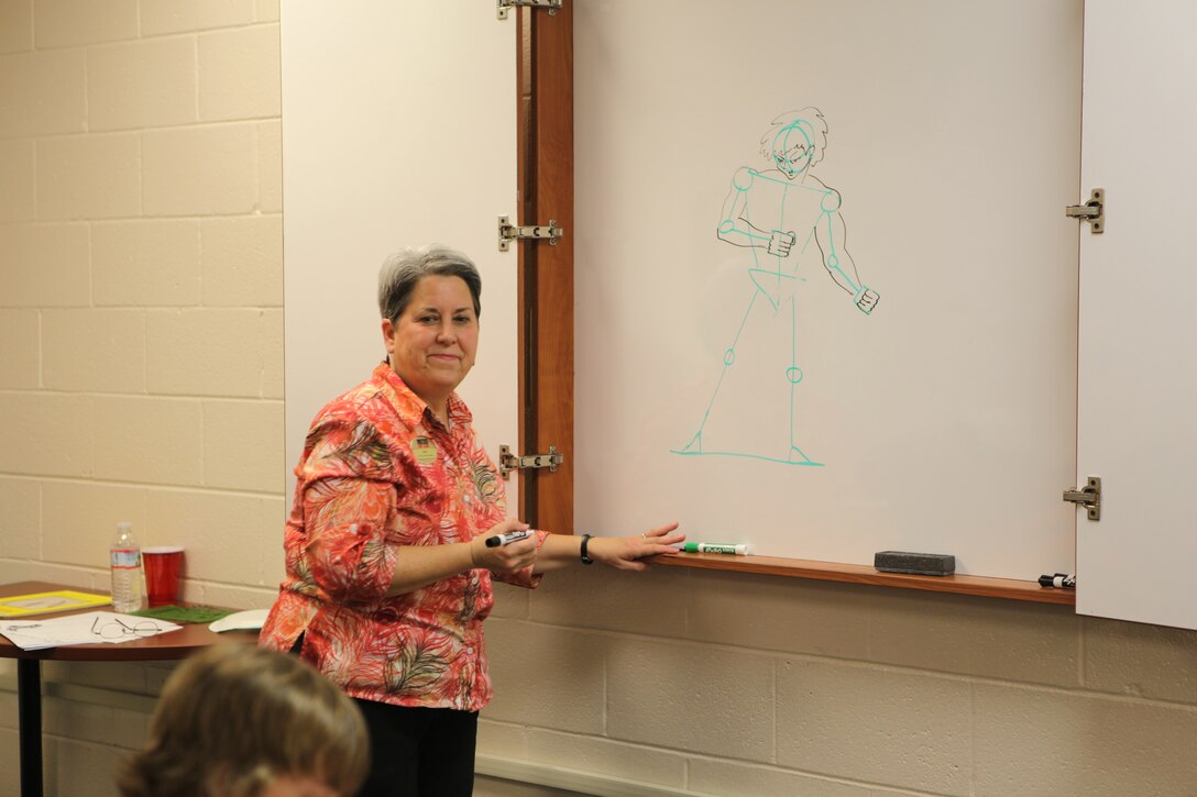 Jana Guitar teaches during Marine Corps Base Camp Lejeune Libraries’ Teen Manga Art Class Jan 28 at the Harriotte B. Smith Library. The class went over how to draw manga using a simple method.