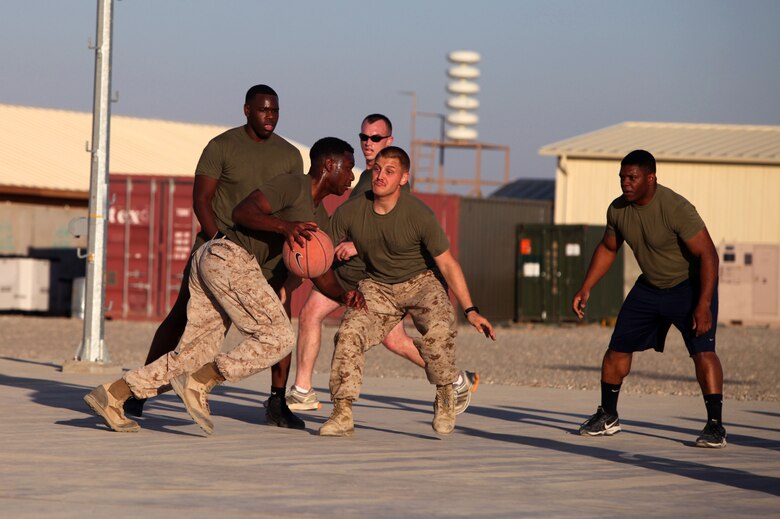 When good weather and work schedules permit, the Marines with Regimental Combat Team 6 love to play basketball at Camp Delaram II. Team sports is a great way to build camaraderie and cohesion for the Marines, and it allows different ranks to compete in a friendly atmosphere.