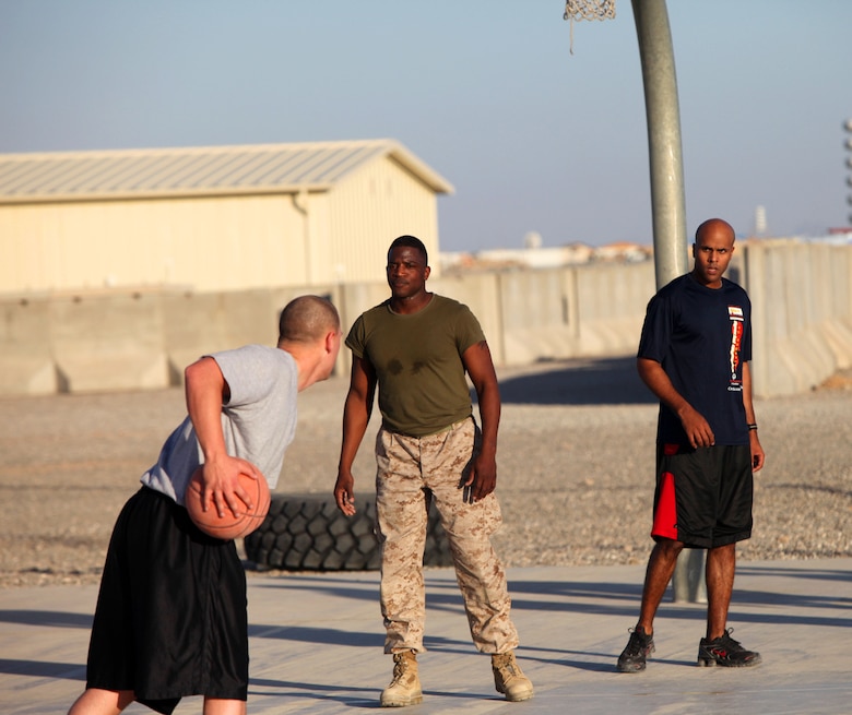 When good weather and work schedules permit, the Marines with Regimental Combat Team 6 love to play basketball at Camp Delaram II. Team sports is a great way to build camaraderie and cohesion for the Marines, and it allows different ranks to compete in a friendly atmosphere.