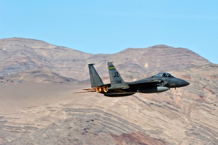 A Lousiana Air National Guard F-15 Strike Eagle departs for a training mission over the Nevada Test and Training Range during Red Flag 12-2 Jan. 27, 2012, at Nellis Air Force Base, Nev. Red Flag is a realistic combat training exercise involving the air forces of the United States and its allies. The exercise is hosted north of Las Vegas on the NTTR. (U.S. Air Force photo by Senior Airman Brett Clashman)
