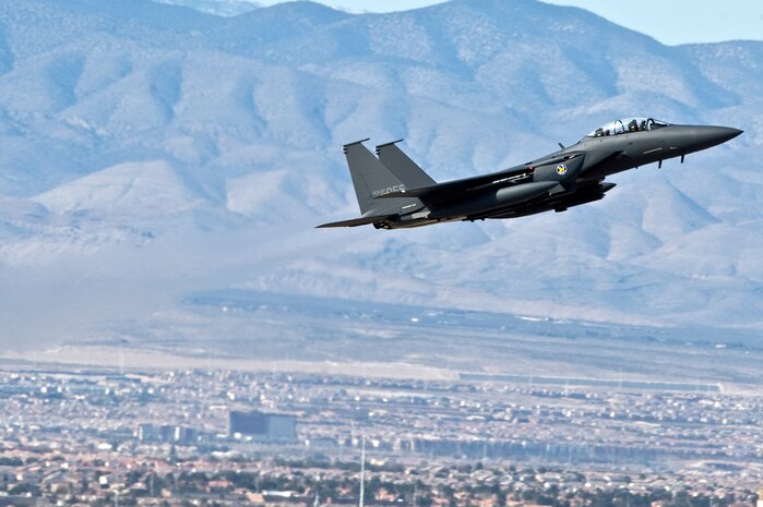 A Republic of Korea Air Force F-15 Strike Eagle departs for a training mission over the Nevada Test and Training Range during Red Flag 12-2 Jan. 27, 2012, at Nellis Air Force Base, Nev. Red Flag is a realistic combat training exercise involving the air forces of the United States and its allies. The exercise is hosted north of Las Vegas on the NTTR. (U.S. Air Force photo by Senior Airman Brett Clashman)

