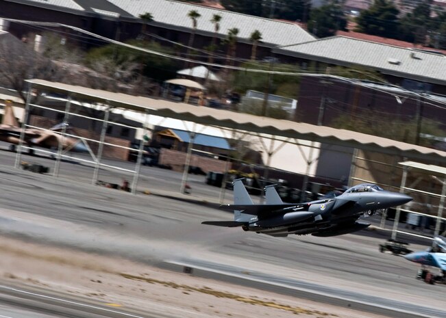 A Republic of Korea Air Force F-15 Strike Eagle departs for a training mission over the Nevada Test and Training Range during Red Flag 12-2 Jan. 27, 2012, at Nellis Air Force Base, Nev. Red Flag is a realistic combat training exercise involving the air forces of the United States and its allies. The exercise is hosted north of Las Vegas on the NTTR. (U.S. Air Force photo by Senior Airman Brett Clashman)
