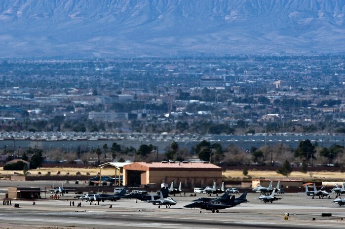 U.S. and coalition forces prepare to depart for a training mission over the Nevada Test and Training Range during Red Flag 12-2 Jan. 27, 2012, at Nellis Air Force Base, Nev. Red Flag is a realistic combat training exercise involving the air forces of the United States and its allies. The exercise is hosted north of Las Vegas on the NTTR. (U.S. Air Force photo by Senior Airman Brett Clashman)
