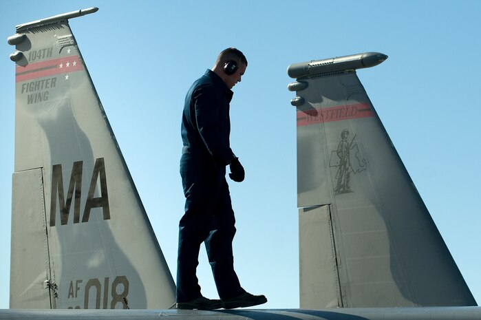 U.S. Air Force Tech. Sgt. Aaron Richards, 104th Fighter Wing, Massachusetts Air National Guard, inspects the top of an F-15E Strike Eagle during Red Flag 12-2 Jan. 27, 2012, at Nellis Air Force Base, Nev. Red Flag is a realistic combat training exercise involving the air forces of the United States and its allies. The exercise includes units from Nevada, Colorado, South Dakota, Louisiana, Utah, California, Republic of Korea, Kingdom of Saudi Arabia, Massachusetts and Oklahoma. (U.S. Air Force photo by Staff Sgt. Christopher Hubenthal)