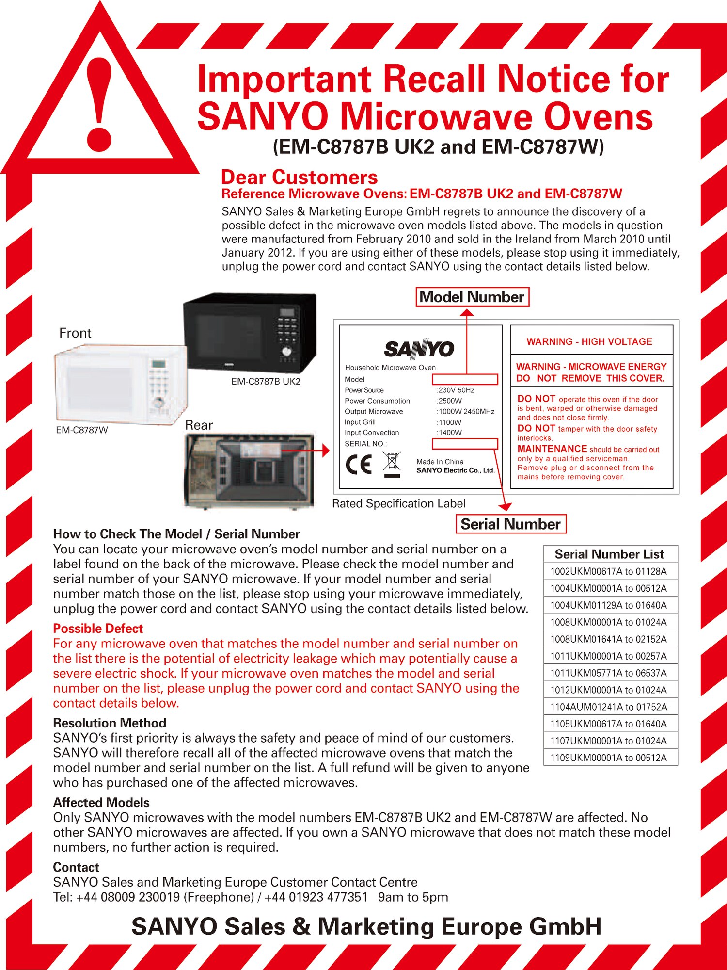 A Safety Recall has been issued for the following Microwaves:-  
SANYO  EM-C8787B         Black
SANYO EM-C8787W        White

For all personnel issued with Microwaves from the Furnishings Management
Office, please check the make/model and serial number of the microwave using
the attachment provided. If the serial number corresponds with those on the
attached document, you will need to return them to us as soon as possible.

Any questions or concerns can be directed to the QAP Office either Mr.
Edwards 226-7157 or Mrs. Bassett 226-7497.
