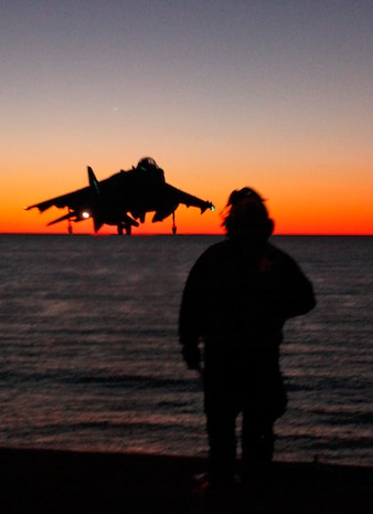 An AV-8B Harrier with Marine Medium Tiltrotor Squadron VMM-261 (Reinforced), 24th Marine Expeditionary Unit, takes off from the flight deck of the USS Iwo Jima Jan. 29, 2012, as the 24th MEU prepares for their final at-sea training exercise.  The 24th MEU is conducting their Certification Exercise (CERTEX) with Iwo Jima Amphibious Ready Group scheduled Jan. 27 to Feb. 17, which includes a series of missions intended to evaluate and certify the unit for their upcoming deployment. The harrier detachment is from VMA-542 based out of Marine Corps Air Station Cherry Point, N.C.