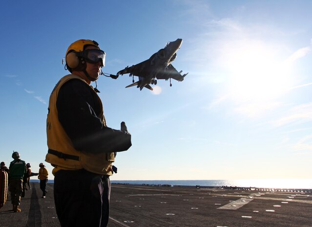 An AV-8B Harrier with Marine Medium Tiltrotor Squadron VMM-261 (Reinforced), 24th Marine Expeditionary Unit, prepares to take off from the flight deck of the USS Iwo Jima Jan. 29, 2012, as the 24th MEU prepares for their final at-sea training exercise.  The 24th MEU is conducting their Certification Exercise (CERTEX) with Iwo Jima Amphibious Ready Group scheduled Jan. 27 to Feb. 17, which includes a series of missions intended to evaluate and certify the unit for their upcoming deployment. The harrier detachment is from VMA-542 based out of Marine Corps Air Station Cherry Point, N.C.