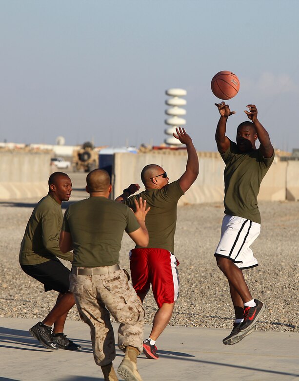 When good weather and work schedules permit, the Marines with Regimental Combat Team 6 love to play basketball at Camp Delaram II. Team sports is a great way to build camaraderie and cohesion for the Marines, and it allows different ranks to compete in a friendly atmosphere.