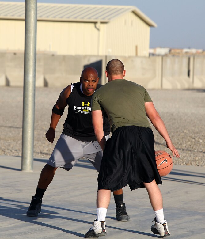 When good weather and work schedules permit, the Marines with Regimental Combat Team 6 love to play basketball at Camp Delaram II. Team sports is a great way to build camaraderie and cohesion for the Marines, and it allows different ranks to compete in a friendly atmosphere.