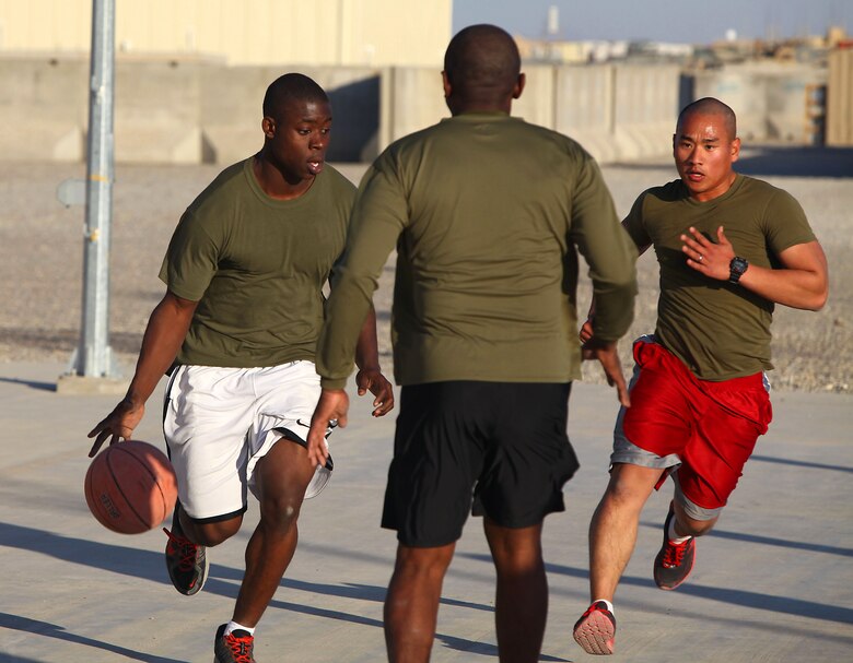 When good weather and work schedules permit, the Marines with Regimental Combat Team 6 love to play basketball at Camp Delaram II. Team sports is a great way to build camaraderie and cohesion for the Marines, and it allows different ranks to compete in a friendly atmosphere.