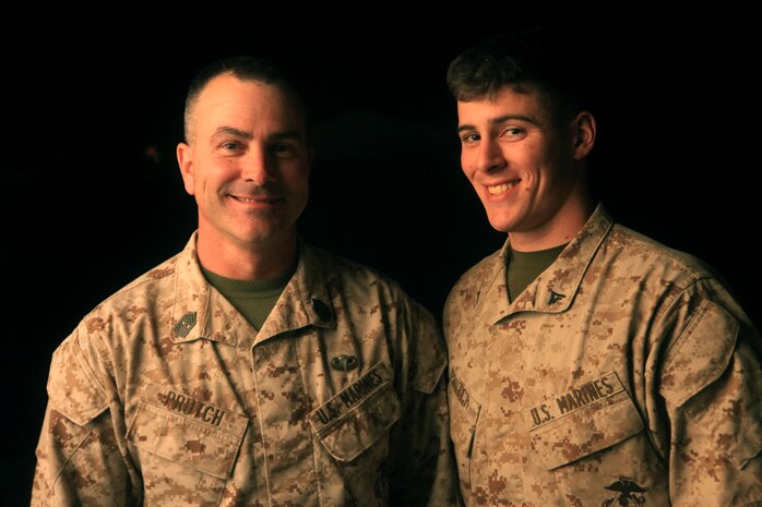 Sgt. Maj. Henry Prutch, left, and his son, Lance Cpl. Scott Prutch, were recently reunited in Afghanistan. The sergeant major is nearing the end of a yearlong deployment to Camp Leatherneck, Afghanistan, as the senior enlisted advisor for 2nd Marine Aircraft Wing (Forward), and his son is beginning a deployment as a landing support specialist with Combat Logistics Battalion 4. Sgt. Maj. Henry Prutch is deployed out of Marine Corps Air Station Cherry Point, N.C., and Lance Cpl. Scott Prutch is deployed from Okinawa, Japan.