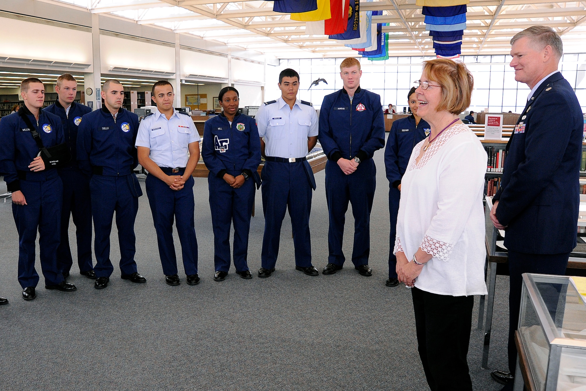 Fran Pilch speaks to cadets in the Academy’s McDermott Library Sept. 12. Pilch received a Fulbright Teaching Award and will teach courses on international law, international relations and American foreign policy in Ulaanbataar, Mongolia. (U.S. Air Force photo/Mike Kaplan)
